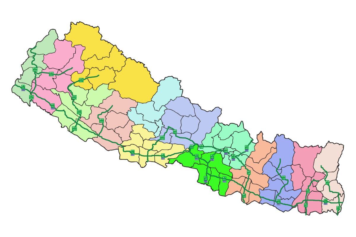 Bản đồ của nepal với các đường cao tốc