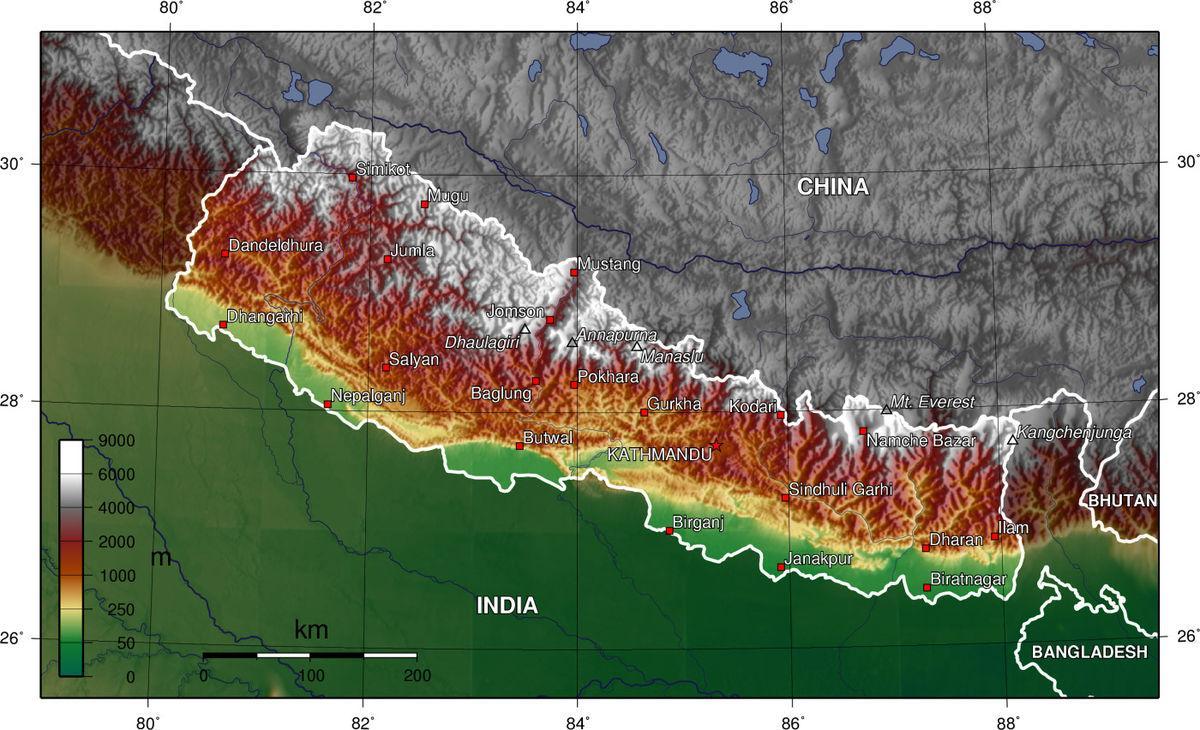 nepal độ cao bản đồ