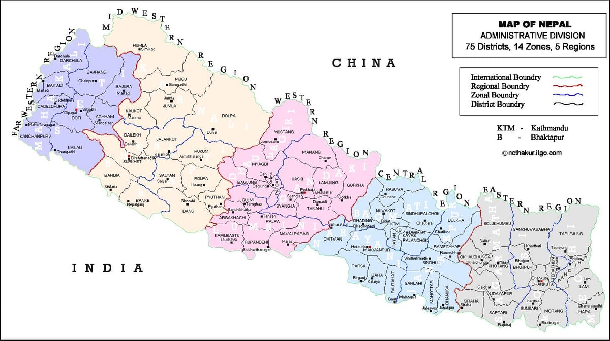 bản đồ của nepal với 75 quận
